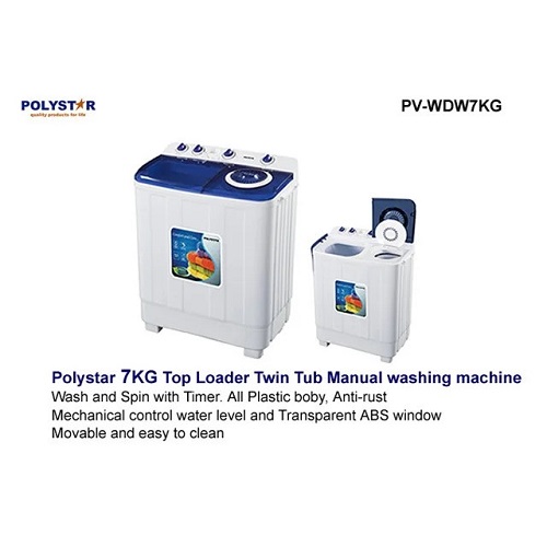 Polystar 7Kg Twin Tub Manual Washing Machine | PV-WDW7KG - deluxe.com.ng
