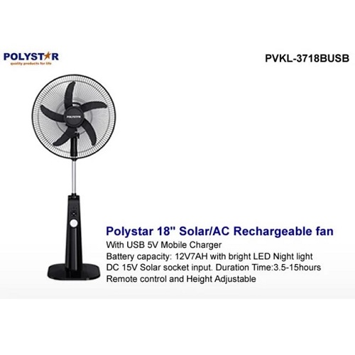 Polystar 18 Inch Solar Rechargeable Fan with Remote | PVKL-3718BUSB - deluxe.com.ng