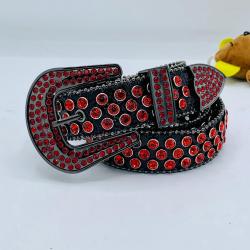 EXQUISITE BLACK LEATHER DESIGNER'S BELT WITH RED SHINY STONES